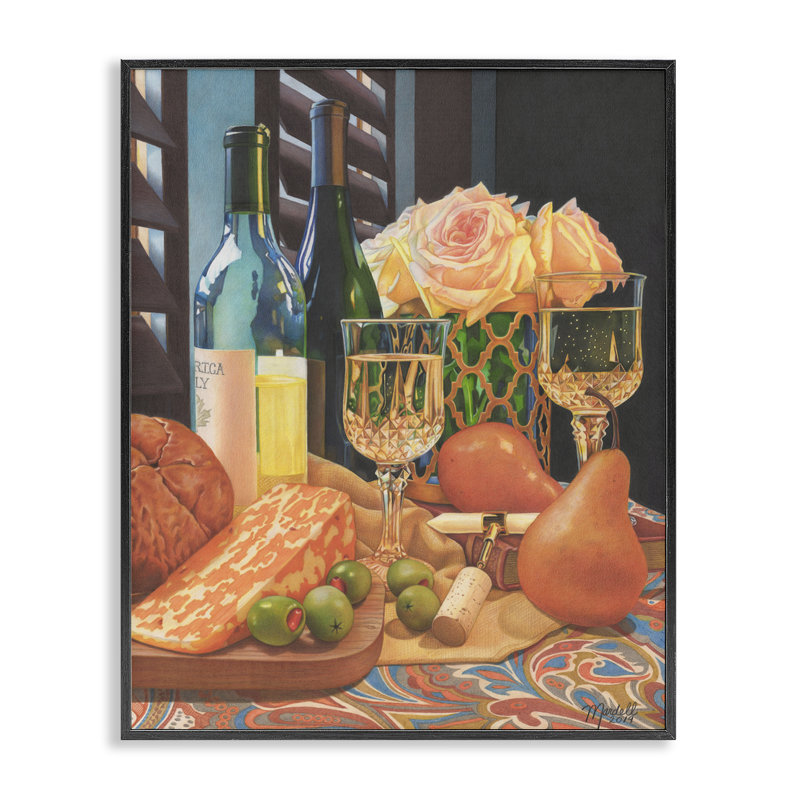 Art romantique du vin et du fromage par Mardell Schuster, Giclée encadrée noir minuit, H 14 po x l 11 po