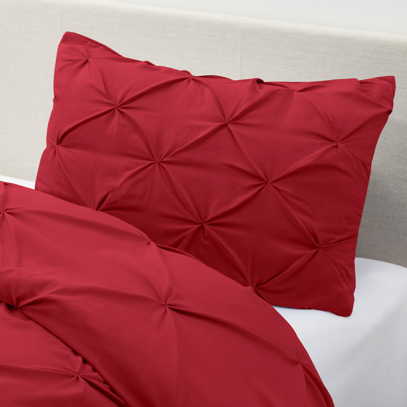 Double Brushed Pleated Duvet Cover Set, Cherry Red, Twin Duvet Cover + 1 Standard Pillowcase