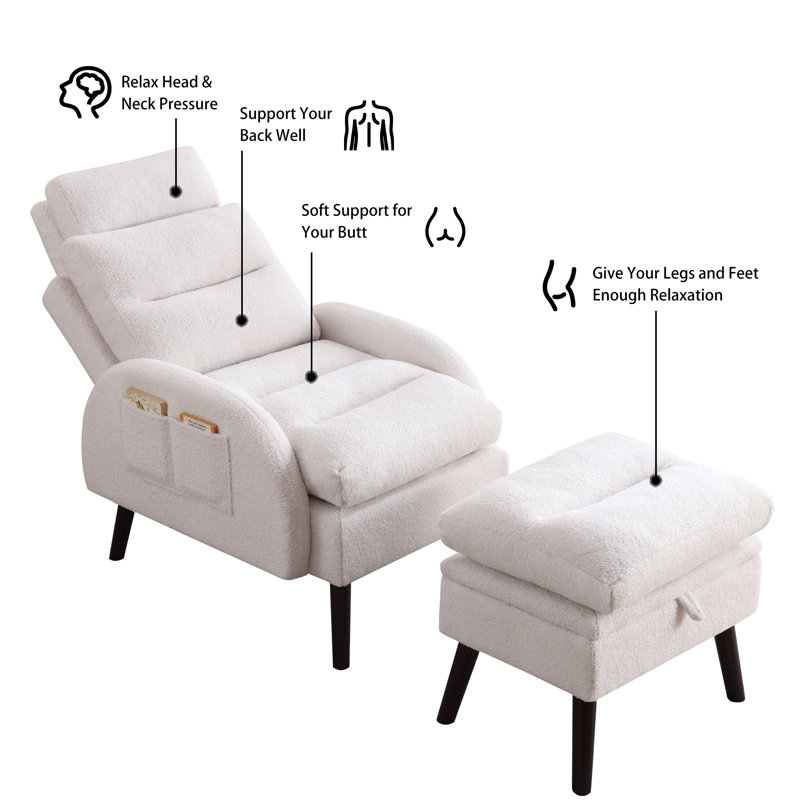 Jonilda Upholstered Accent Chair and Ottoman with  Adjustable Backrest, White Teddy