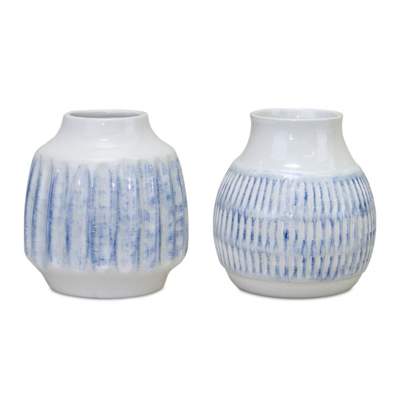 Soft Blue & White Glazed Ceramic Vase Set 6" Trio