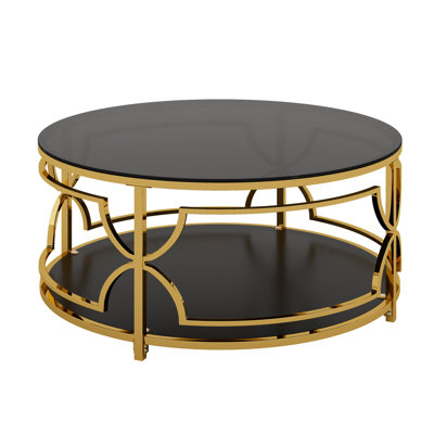 Table basse ronde en verre trempé de 30,7 po, structure en métal géométrique luxueuse, finition dorée et tablette inférieure, noir