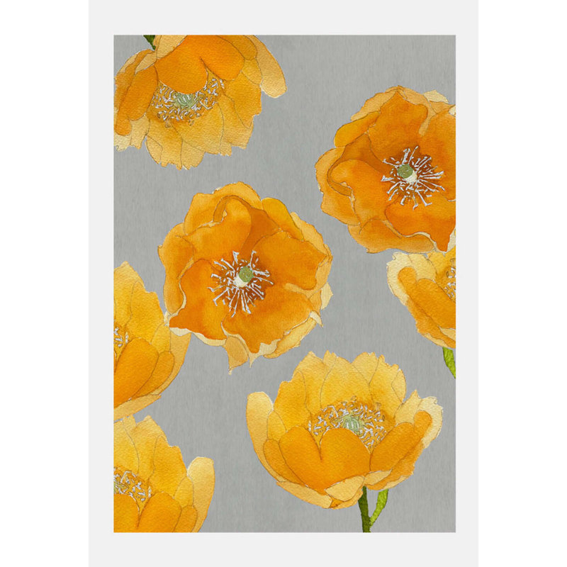 Orange Cactus Flowers On Gray Print, 19" H x 13" W