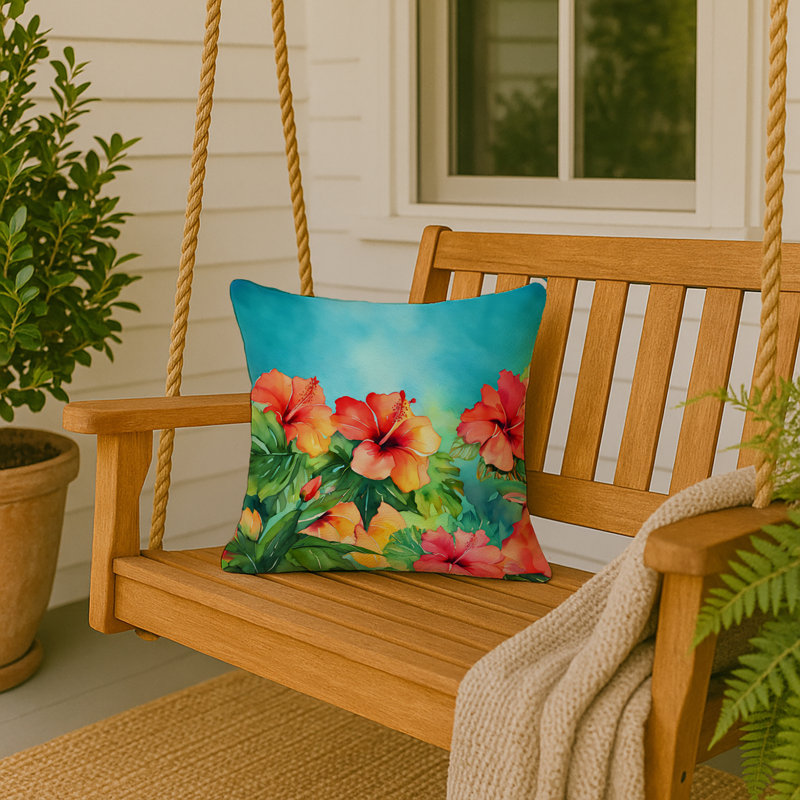 Coussin Hawaii, Hibiscus à l'aquarelle, Carré 18 po