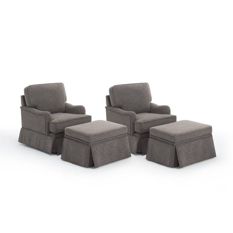Upholstered Tan Skirted Swivel Accent Arm Chair with Storage Ottoman (Set of 2), 2, Yes, Tan Chenille
