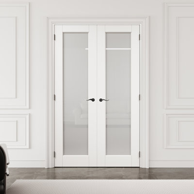 48" x 96" 1-Lite Frosted Glass Interior French Door with Black Hardware & Latch & Door Lever, Tempered Glass Door Slab with Privacy, Paintable & Waterproof, Suit for Laundry, Closet Doors, Room Doors, Assembly Required
