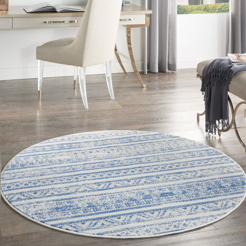 Tapis rayé bleu / blanc, Rond 5 pi