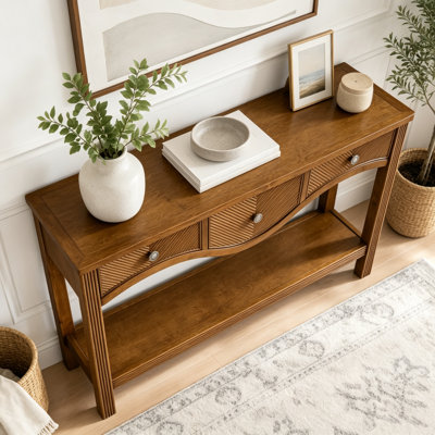 52'' Fluted Wood Console Table with 3 Drawers, Rectangular Sofa Table Behind The Couch with Solid Wood Legs, Retro Entryway Table with Scalloped Edge