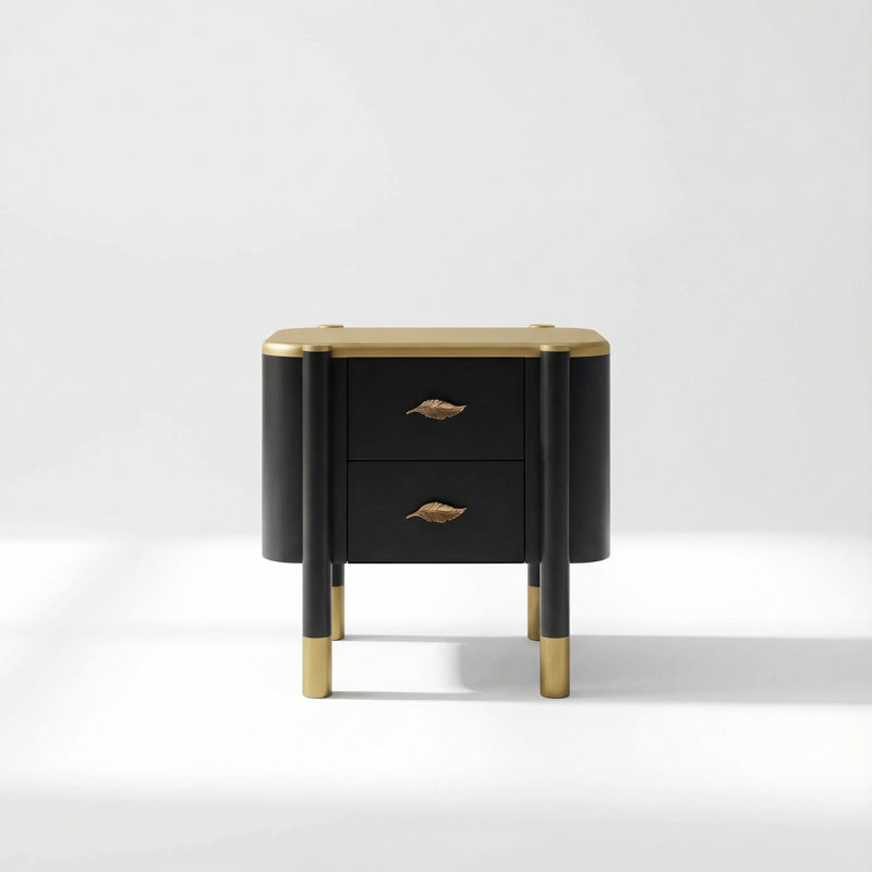 Table de chevet contemporaine à deux tiroirs avec profil incurvé et pieds exposés, table de chevet en forme de plumes, Noir
