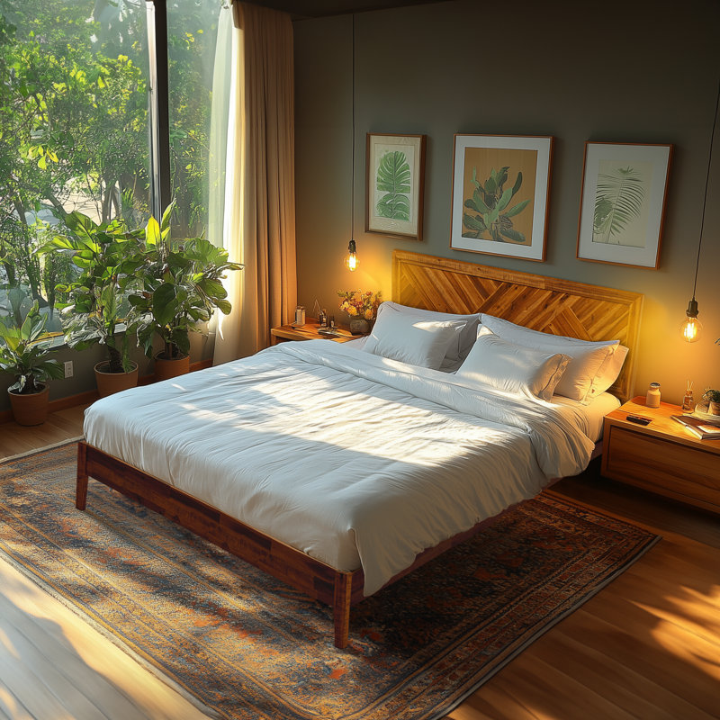 Cadre de lit en bois massif Gonsoulin avec tête de lit ajustable / Lit plateforme à motifs artisanaux, Grand, Caramel