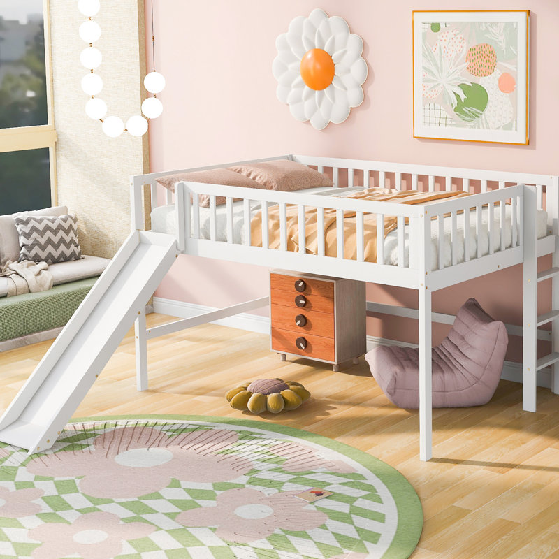 White Low Loft Bed With And Adjustable Slide - Stable Bedroom Configuration Tempting Exquisite Item, Full, White