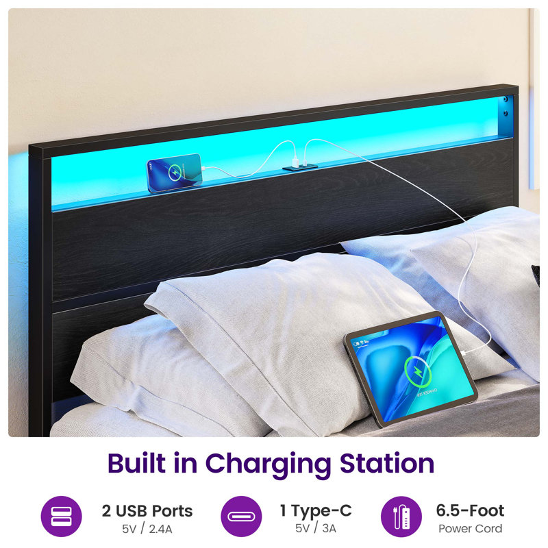 Bed Frame with Headboard, Metal Platform bed with LED Lights, Power Outlets & Under-Bed Storage, Full/Double