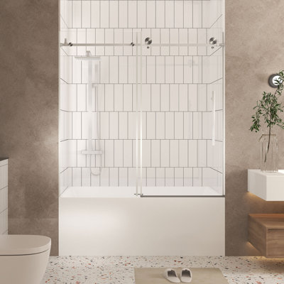 Porte de douche sans cadre l 60 po x H 60 po, verre trempé transparent de 1/4 po (6 mm), film antidéflagrant, poignée en acier inoxydable