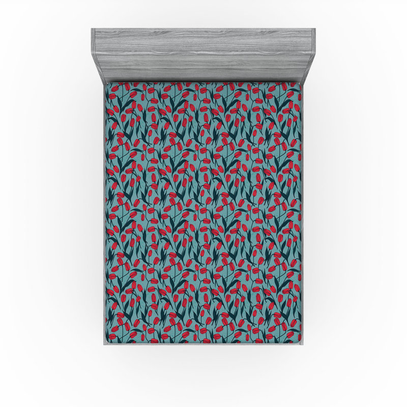 Ambesonne Nature Fitted Sheet Leaves Botanical Style Art, Cadet Blue/Dark Pink Floral, Queen Fitted Sheet