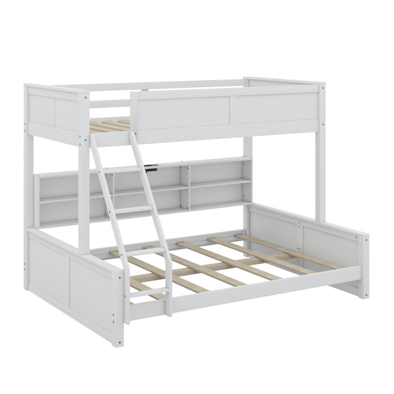 Lit superposé avec armoires de rangement et ports USB, Simple TG sur grand, Blanc antique