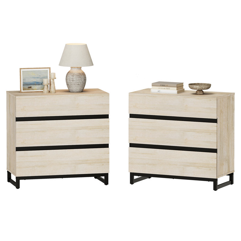 Aadam 3-Drawer Wood Nightstands with Metal Legs (Set of 2), Beige
