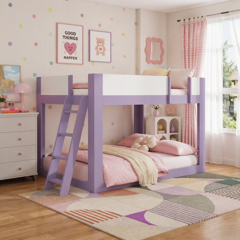 Lit superposé bas, lit superposé convertible en bois avec échelle réversible et garde-corps de sécurité, Double