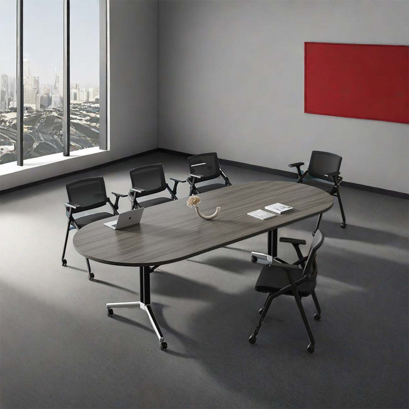 Oval foldable computer desk, 29.53" H x 94.49" W x 39.37" D