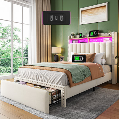 Upholstered Storage Bed with LED Light and Charging Station