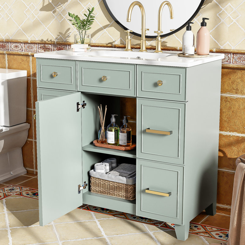 Armoire de salle de bain 36 po avec lavabo en céramique, bois massif, 3 tiroirs, fermeture en douceur, lavabo à tablette réglable, cadre en bois, portes fermées, tablettes, protection contre le débordement