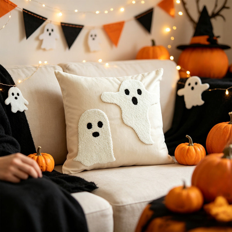 Housse de coussin décorative d'Halloween avec un joli fantôme, en polyester, pour canapé, chambre, salon ou décoration de fête à la maison.