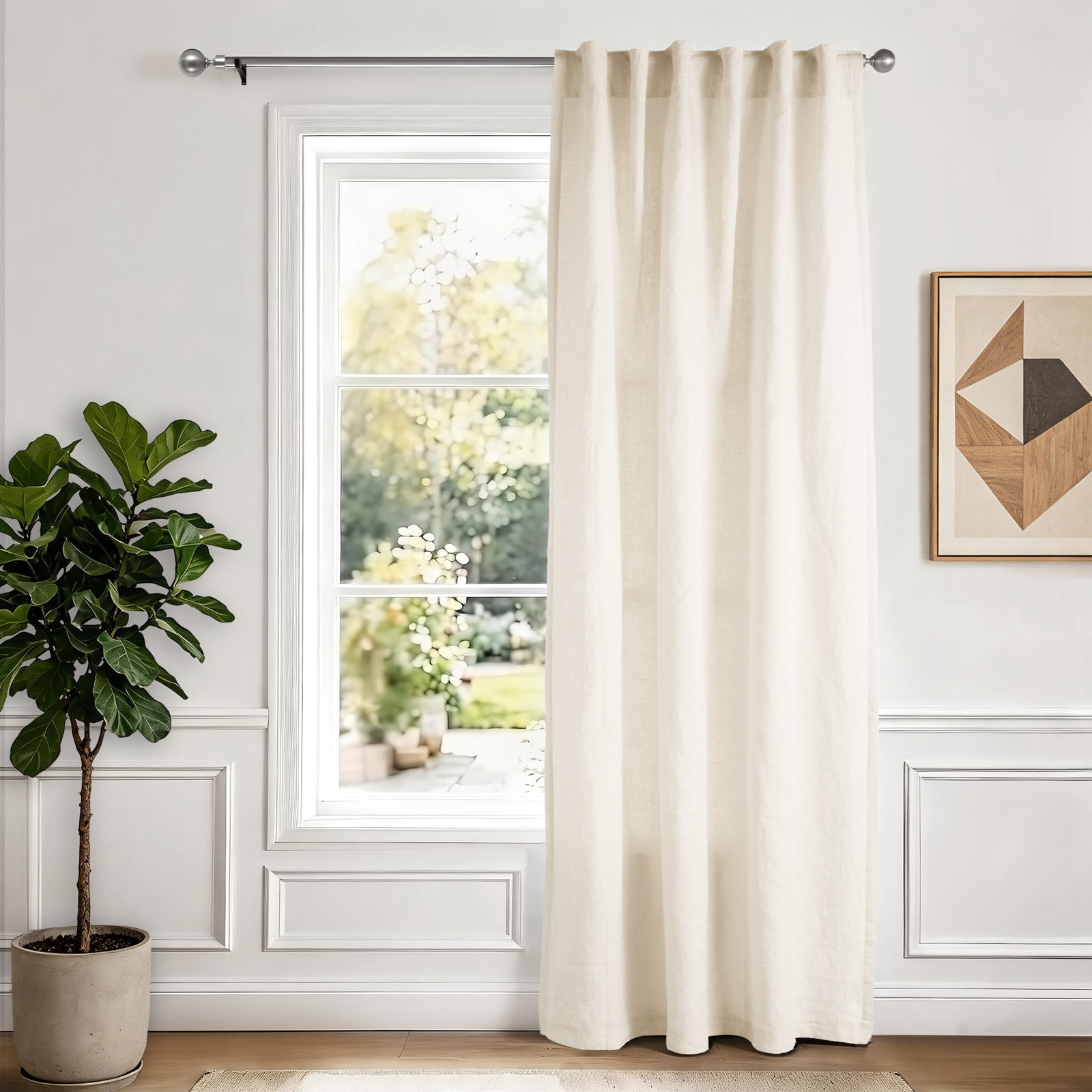 Clara 100% French Linen Semi Sheer Back Tab Curtain Panel, Eggnog, 50" W x 96" L