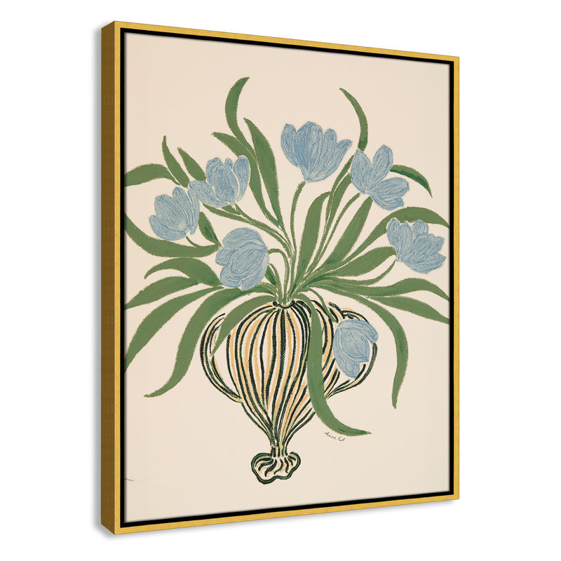 Colette La Poire, reproduction de tulipes bleues par Camilla Bergqvist, H 29,5 po x l 23,5 po, Doré