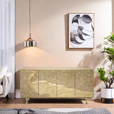 Gold And Silver Foil Peacock Accent Cabinet