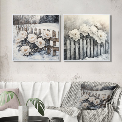 Pivoines d'hiver par la clôture enneigée I - Art mural pivoines - décoration murale traditionnelle 2 pièces