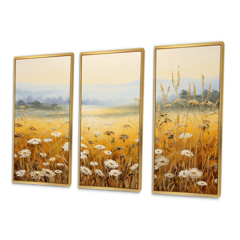 Golden Harvest Floral Field II - ensemble d'art mural floral, Cadre flottant doré, H 28 po x l 36 po x P 1 po