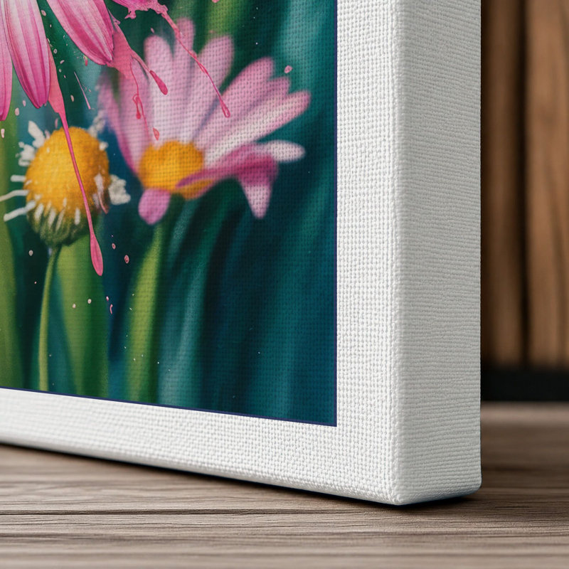 Pink Daisy Garden Botanical - Wrapped Canvas, 36x24 - 91.4 x 61.0 cm, White Border
