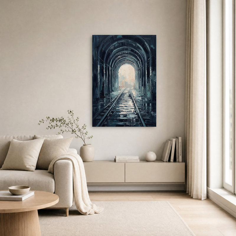 Tableau sur toile représentant un tunnel ferroviaire sombre menant à la lumière, H 18 po x l 12 po