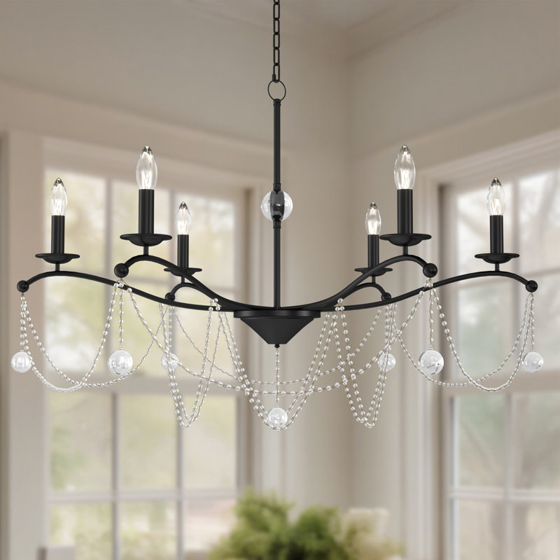 6 - Light 37"W Candle Style Classic/traditional Black Chandelier with Crystal for Kitchen Island., Matte Black