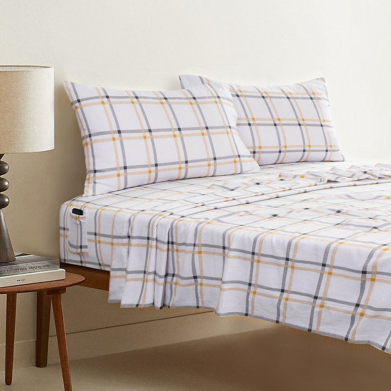 Ensemble de draps 100% flanelle de coton Prionto Davae, Très grand, À carreaux, Écru