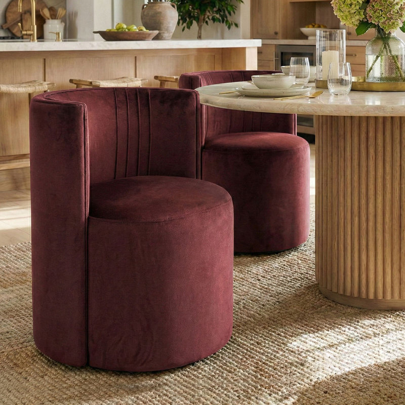 Velvet Upholstered Rolling Dining Chairs with Wheels, Burgundy