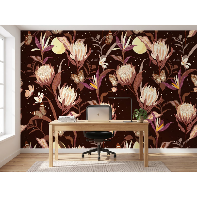 Panneau de papier peint adhésif brun floral L 8,33 pi x l 100 po, l 125 po x H 125 po, vinyle autocollant, 125"W x 125"H