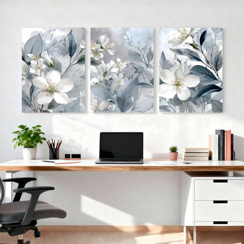 Ensemble de 3 tableaux muraux sur toile tendue, motif floral de fleurs de cerisier blanches, pour la décoration du salon et de la chambre.