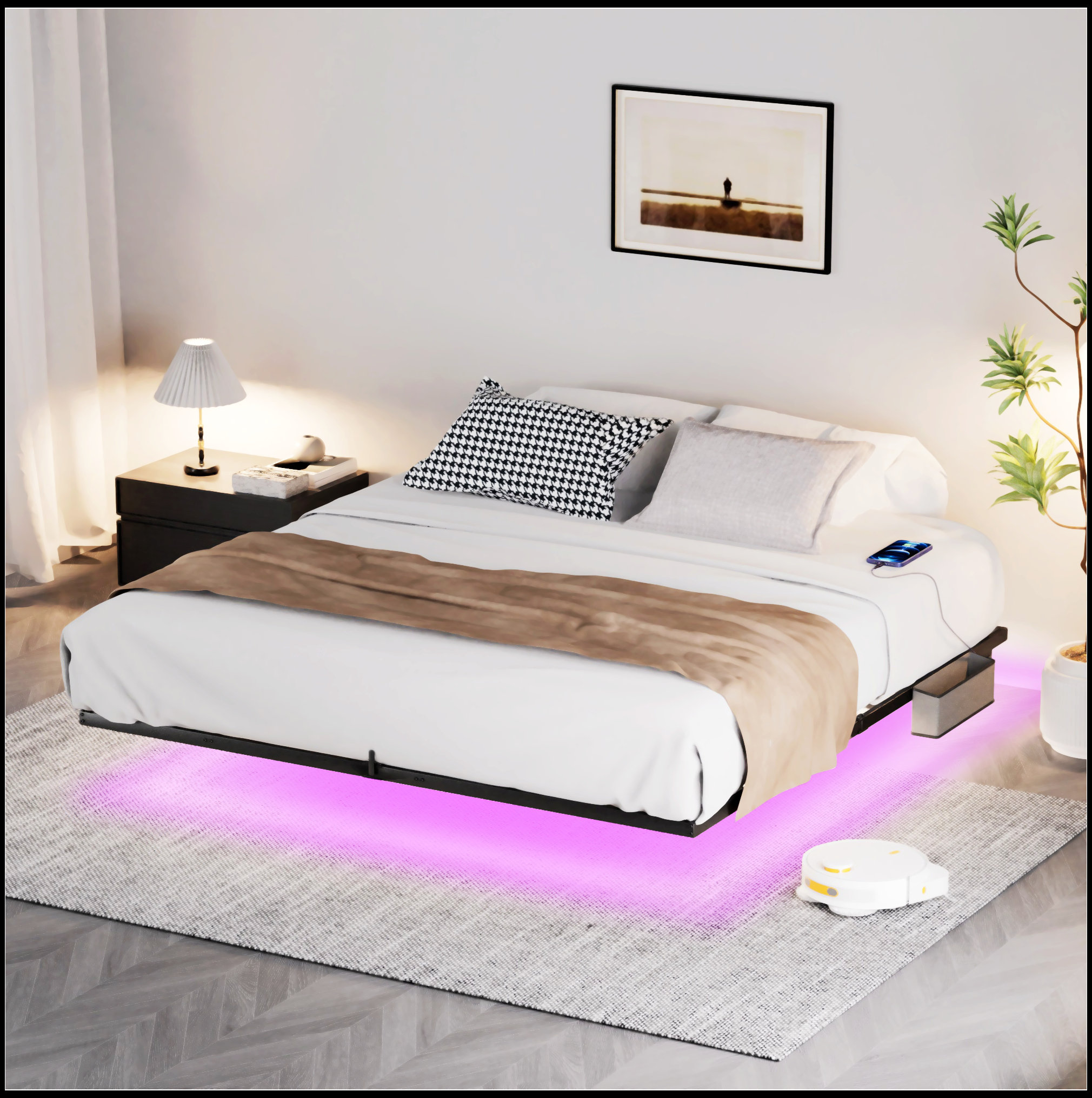 Wrought Studio Floating Bed Frame King Size With LED Lights & Charging