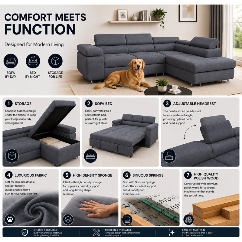 Flavius Corner Sofa Bed, Right Hand Facing, Graphite