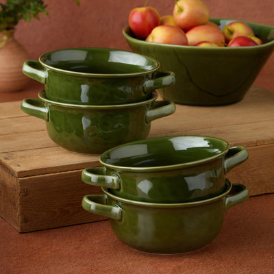 Ensemble de 4 bols à soupe 8,25 po 32 oz Verde - Ensemble de 4 bols en grès italien Trattoria avec poignées à languette vert olive - Cruche méditerranéenne pour Ribollita, Minestrone et Pasta e Fagioli