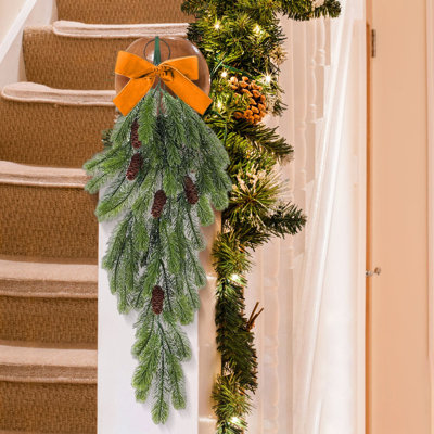  Christmas Teardrop Swags Christmas Teardrop Swag Garlands Winter Rustic Needles Swag with Cones Velvet Bow Artificial Christmas Hanging Garla