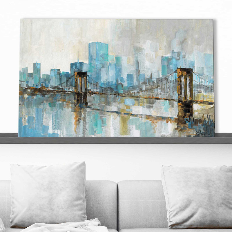Teal City Shadows par - Peinture, Toile tendue, H 28 po x l 48 po x P 1,5 po