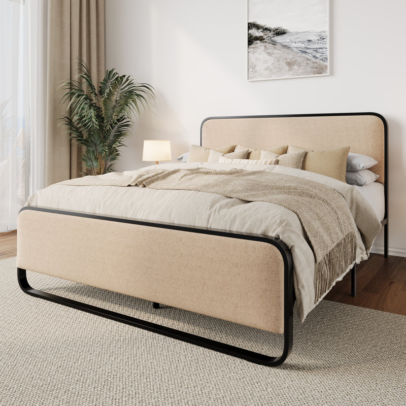 Queen Beige Linen Arnasia Bed, Queen, Black/Beige