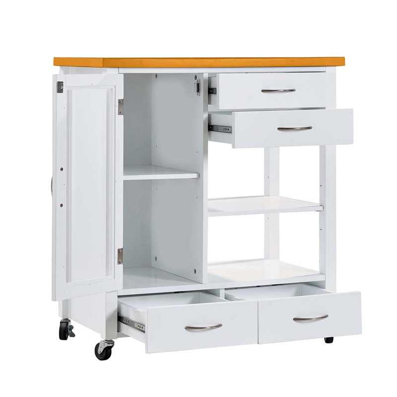 Îlot de cuisine avec plateau en bois de noyer, armoire de rangement sur roulettes avec tiroirs, buffet avec barre à serviettes, blanc