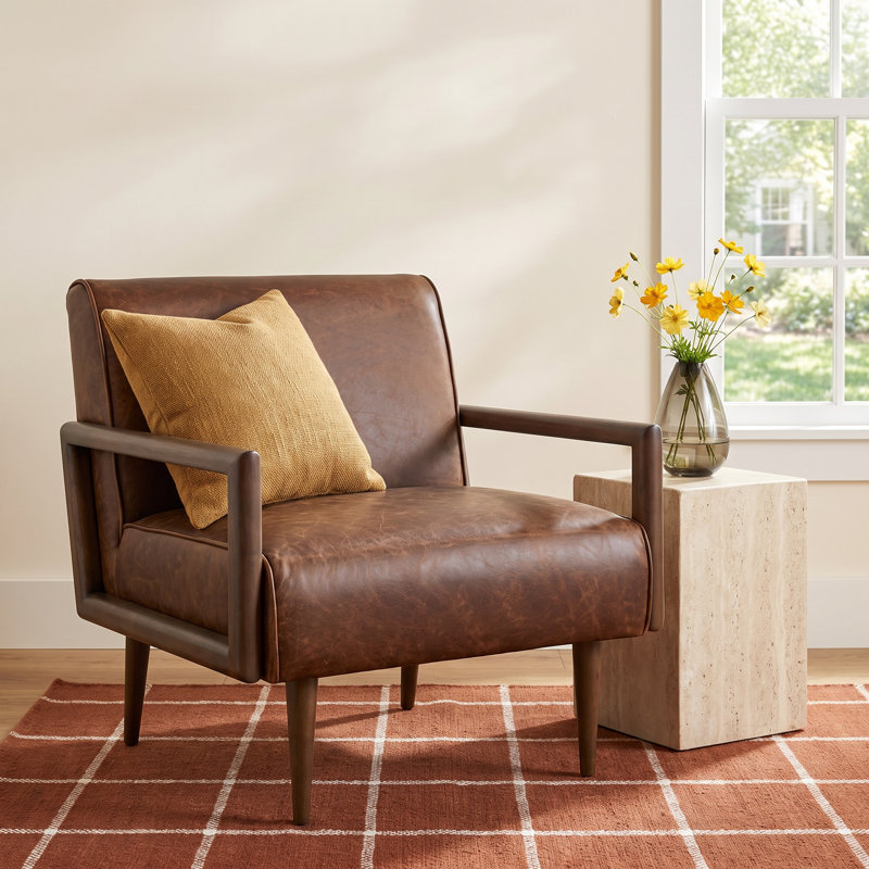 Elmire Upholstered Armchair, Chocolate Brown Genuine Leather