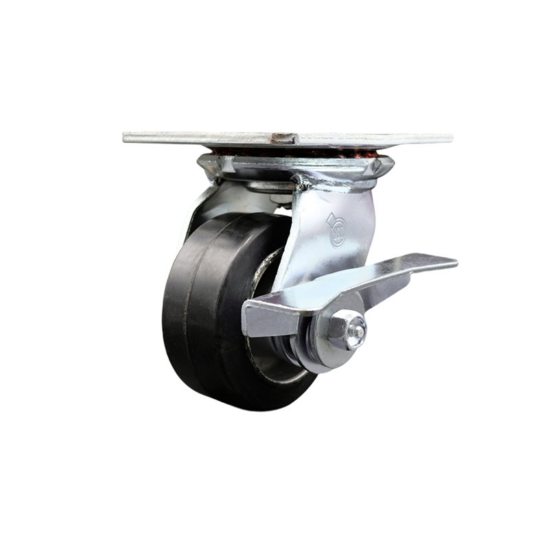 Heavy Duty Rubber on Aluminum Caster with Roller Bearing and Brake