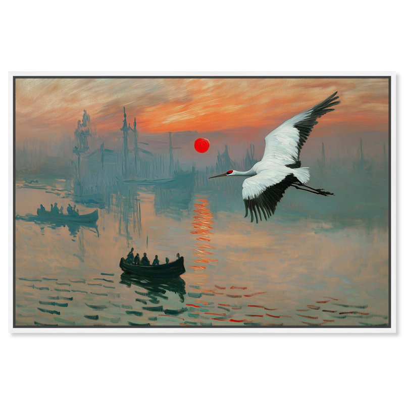 «Crane Sunset», toile par Pet Remedy, H 37 po x l 55 po, Cadre flottant blanc
