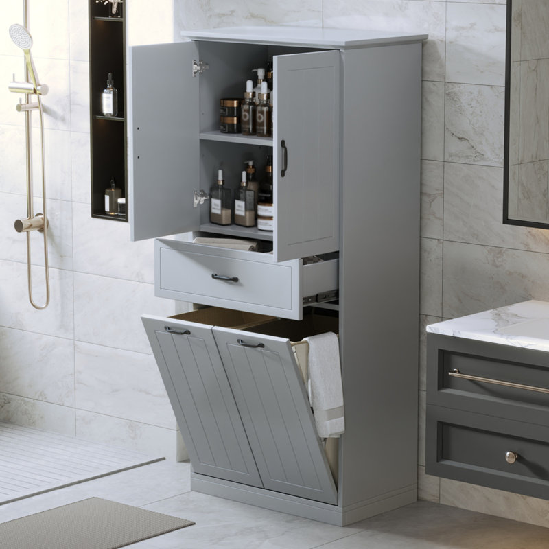 Armoire de rangement de salle de bain avec deux paniers à linge, portes et tiroirs - Home Grey Edition, Gris