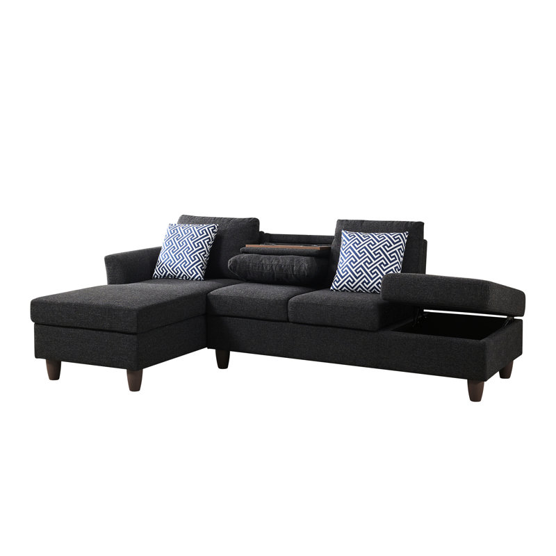 Modular Reconfigurable 4 - Seat Linen With Hidden Drawers And Coordinated Pillows Wood Frame, Medium Soft Foam Filler, Black Gray Colors, 97 In Depth, 57 Width, 34 Height, 162.7 Lb Compartments For