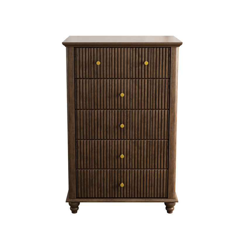 Commode 5 tiroirs cannelée de 5 po avec poignée en métal, commode en bois de noyer pour les tiroirs d'entrée, Noyer