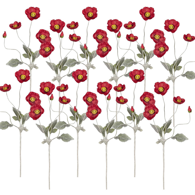 Faux Poppy Spray   Set of 12   4" x 2" x 24"   Red